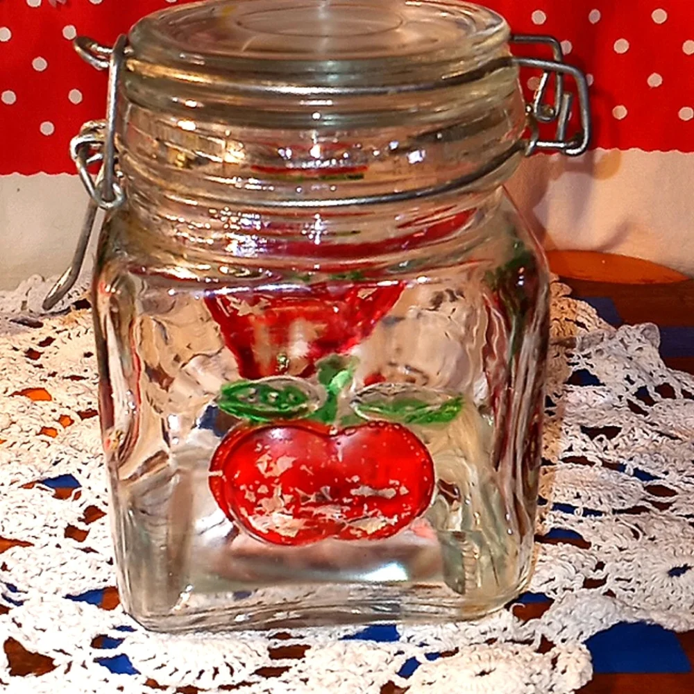 VINTAGE RETRO GLASS 4 SIDED HAND PAINTED DISTRESSED SQUARE APPLE SUGAR JAR
